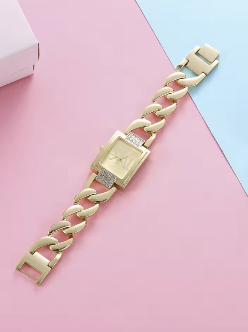 Gold-Tone Chain Link Women's Bracelet Watch with Crystal Accents